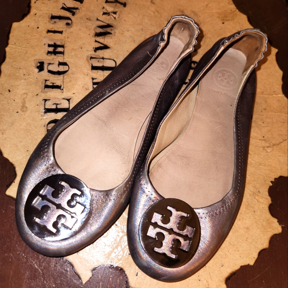 Tory Burch Minnie leather gunmetal silver ballet flat